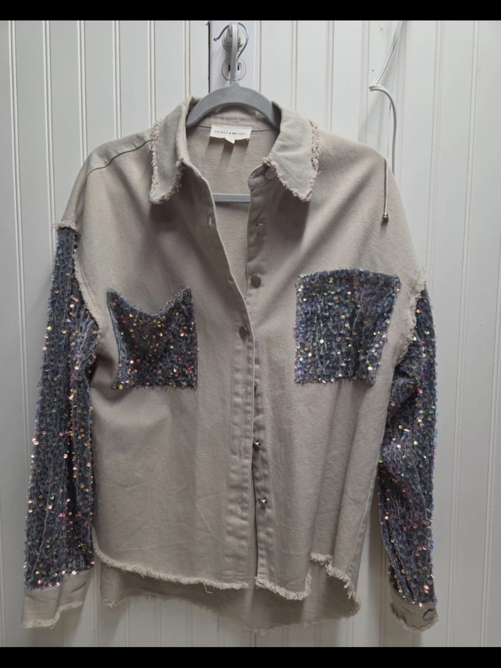 Sequin Shirt jacket By Lovely Melody distressed raw hem #0052